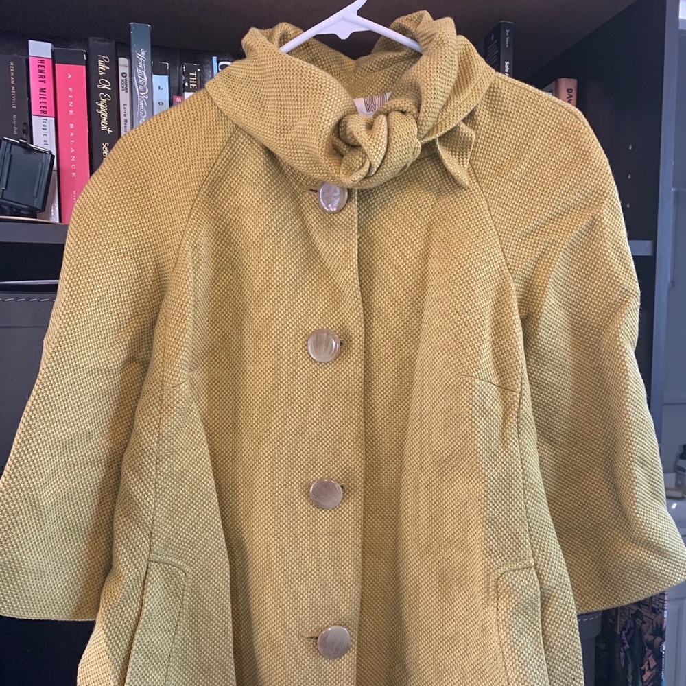 Anthropologie Mustard Yellow Textured Button-Front Coat with Bow Collar